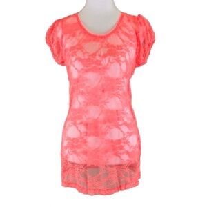 Bongo Coral Pink Sheer Lace Puff Sleeve Micro Mini  Dress Juniors L Short Sleeve